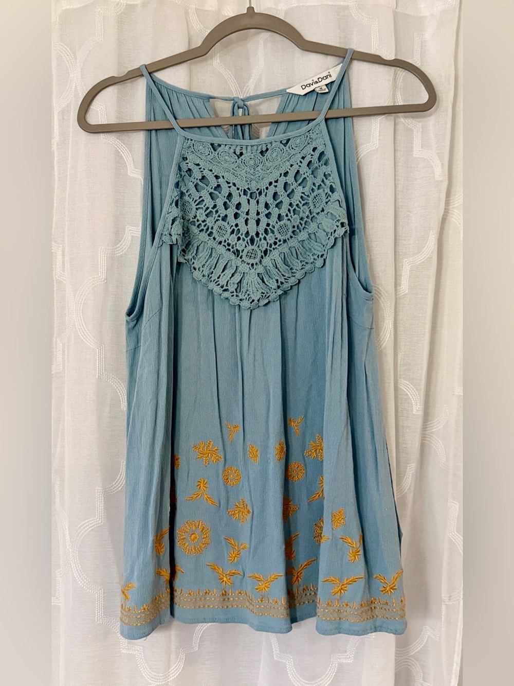 Davi & Dani Medium Blue Crochet Embroidered Boho Tunic Tank
